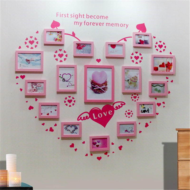 厂家直销心形照片墙16框照片墙贴纸实木照片墙心形相框墙