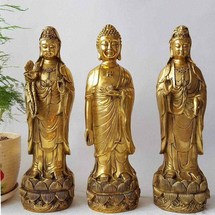 纯铜西方三圣佛像摆件大号西方三圣铜像一套家居风水摆设