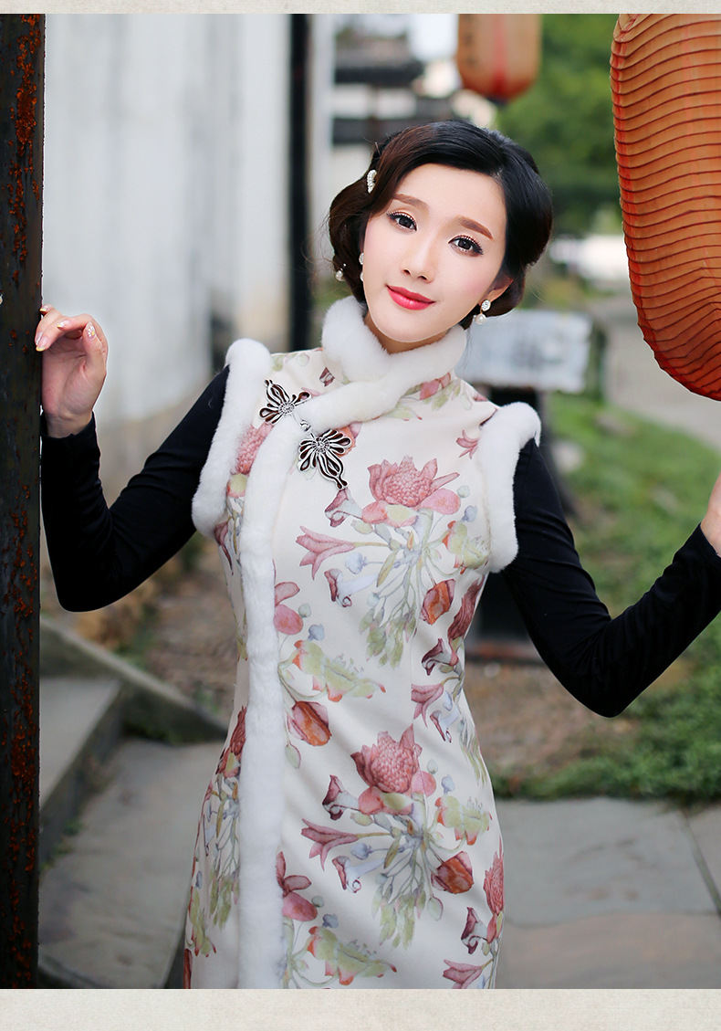 新款旗袍连衣裙 2016冬装改良毛呢毛领保暖修身复古旗袍裙