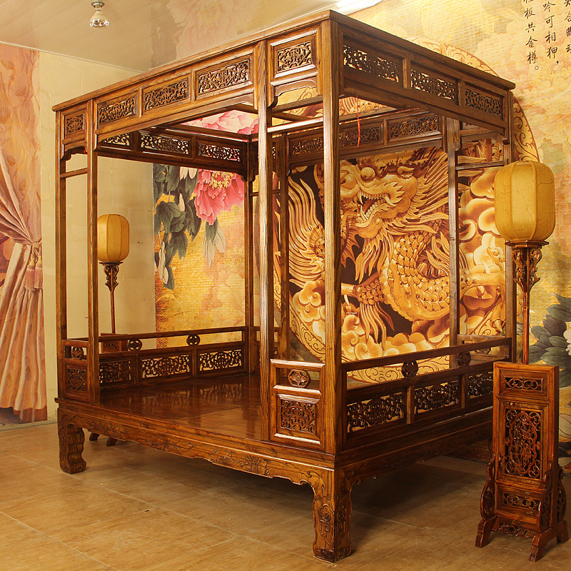 仿古家具实木双人床踏板式穿雕花架子床拔步床踏步床酒店套房家具