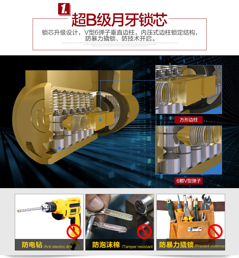 金点原子月牙锁芯超b级防盗门锁芯 防撬锁