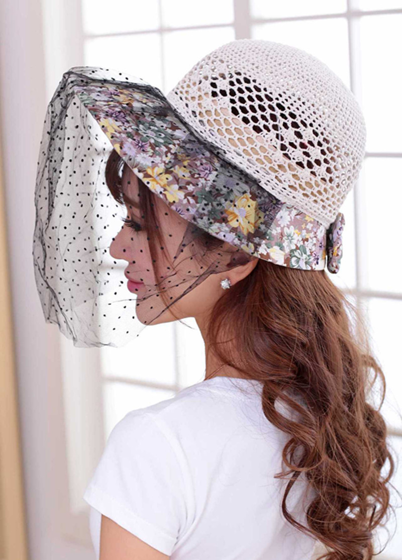 【帽子女士春夏季沙滩帽棉线手工钩织半檐帽面纱帽防