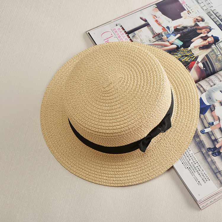 Foreign Trade Dome British Bowler Hat Flat-Brimmed Cap Straw Sun Protection Fashion Straw Hat Bow Summer Sun Hat