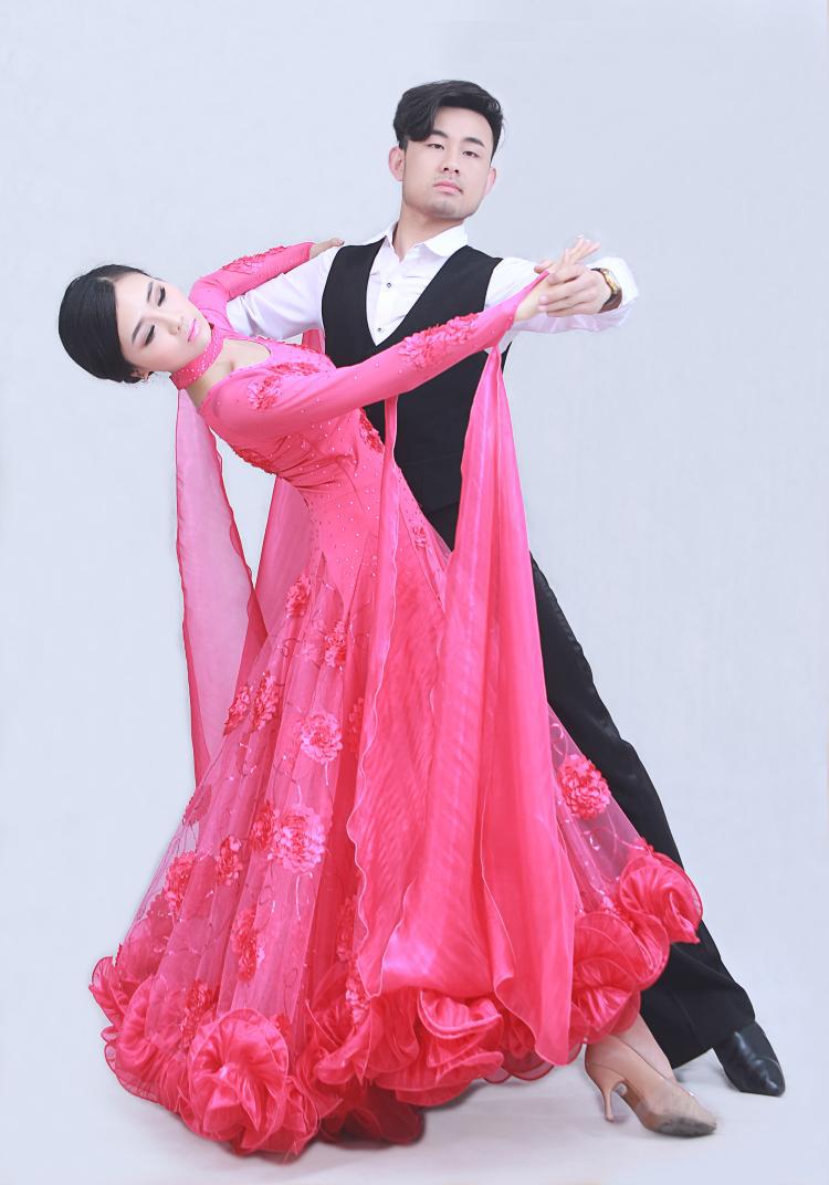 供应奢华手工烫钻摩登舞演出服 广场舞裙 交谊舞连衣裙大摆