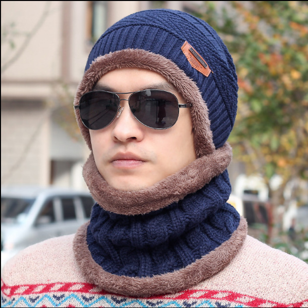 户外加绒毛线帽子套头帽男士保暖脖套骑车防风帽子围脖两件套帽