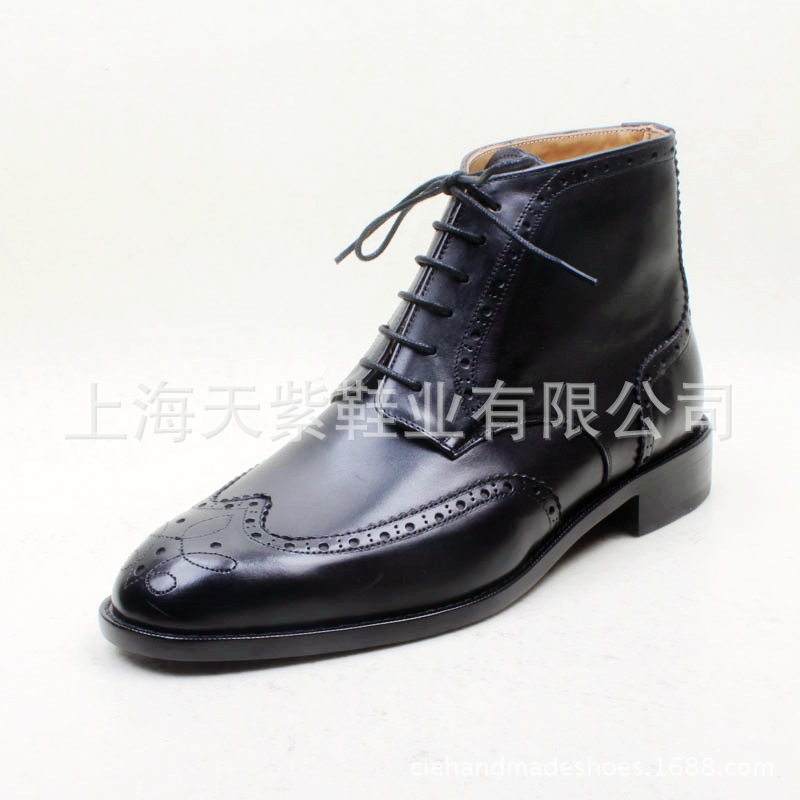 上海其艾手工鞋定制圆头车线套筒黑色牛皮面里皮底商务正装男皮靴