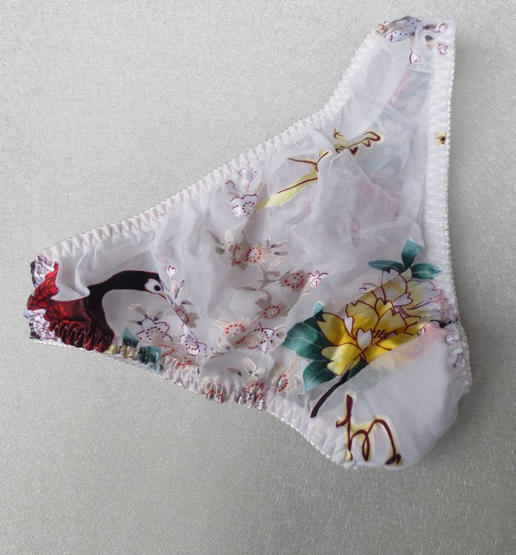 日韩单100%真丝烂花绡内裤/透明情趣女低腰三角裤