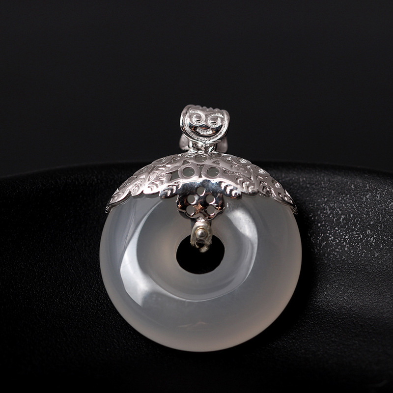 s925银创意手工镶玉髓吊坠男女复古民族风简约典雅平安扣项链