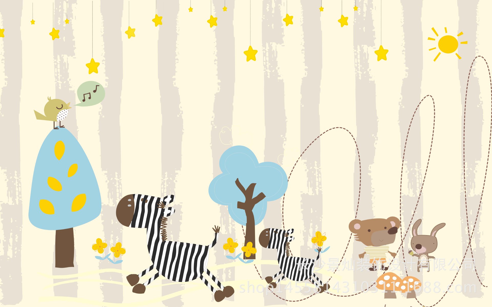 厂家直销大型壁画 复古条纹卡通手绘壁纸 儿童房小孩卧室背景墙纸