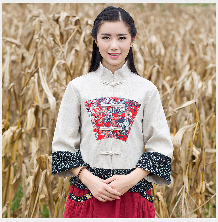 春秋季民族风棉麻女装修身单排扣唐装服装九分袖宽松短款上衣外套
