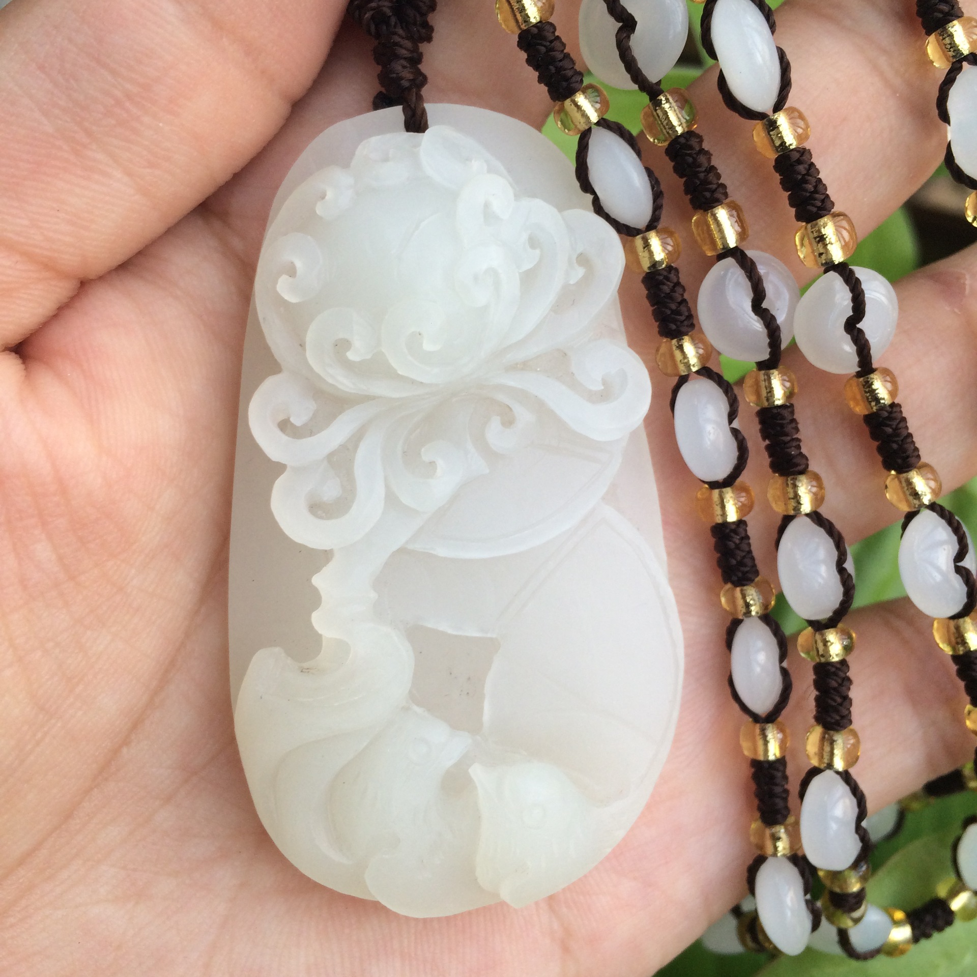 天然青海料白玉话来富贵挂件 纯手工雕刻昆仑料玉吊坠