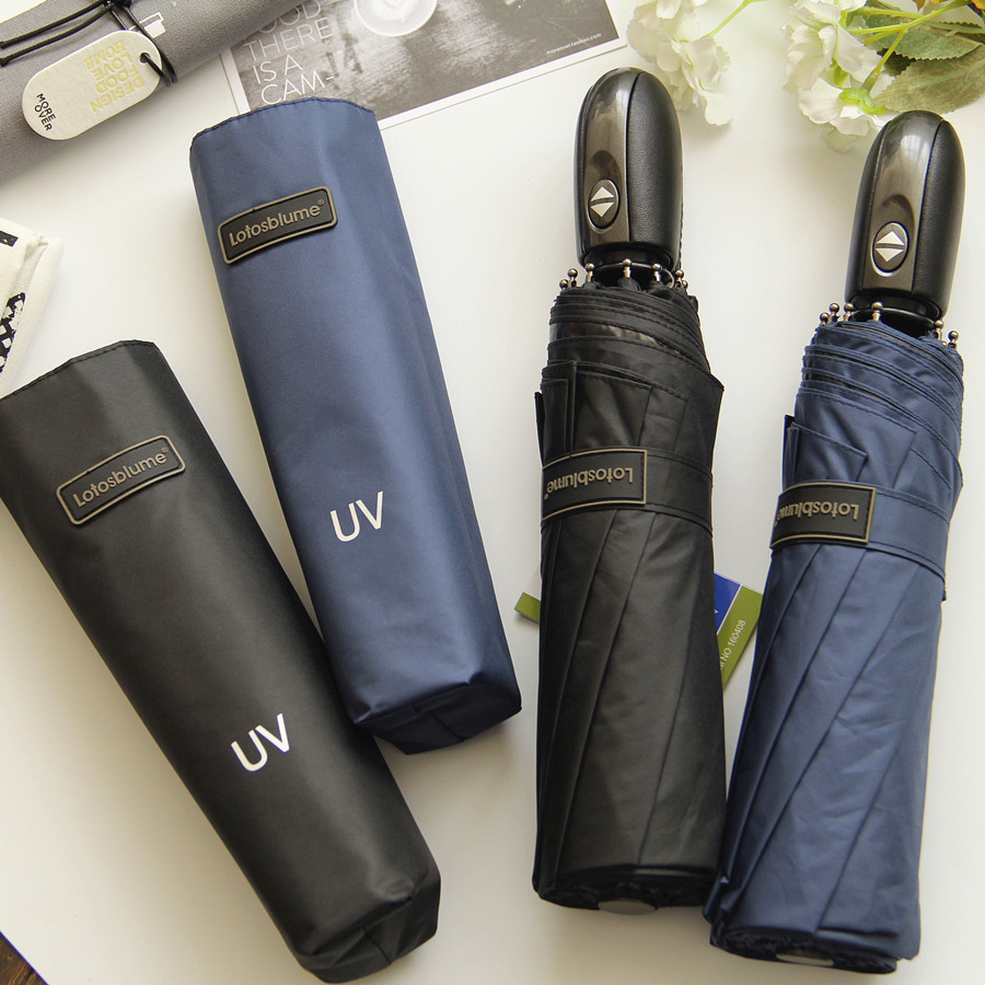 德国商务男女高档皮柄黑胶防晒遮阳伞三折叠全自动防紫外线晴雨伞