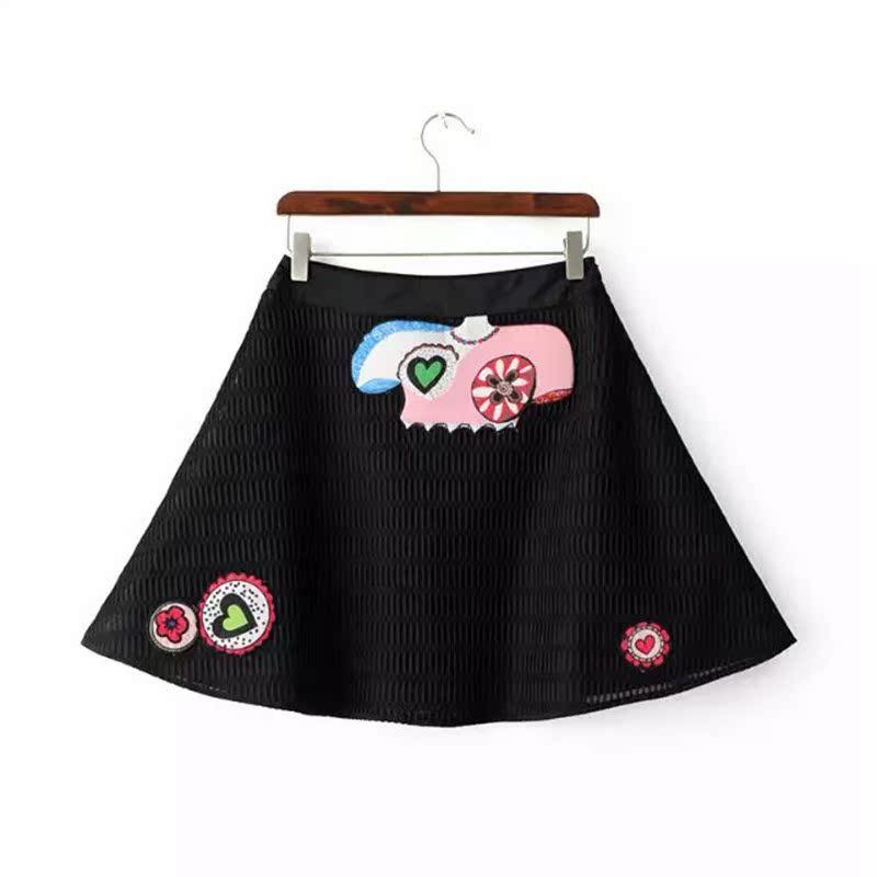 bescoola2016春高腰修身卡通贴布百搭半身裙女短裙m61bk2508 现货