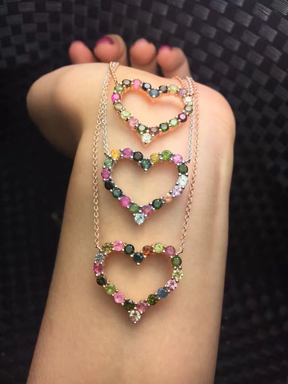 925银镶嵌天然巴西碧玺女款锁骨链 简约时尚爱心设计糖果色晶体