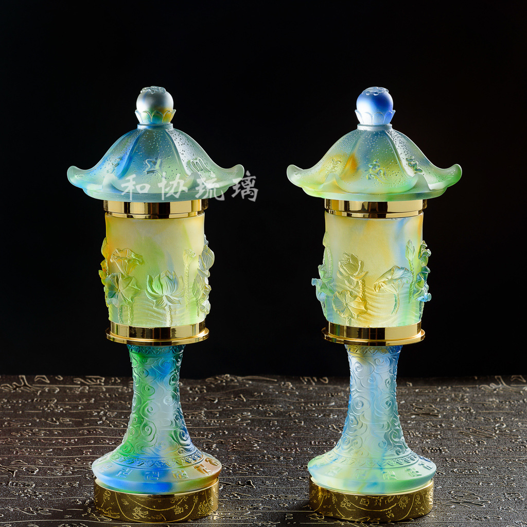 厂家新开发16寸浮雕荷花龙柱宫灯纯琉璃 琉璃led莲花灯 琉璃佛具