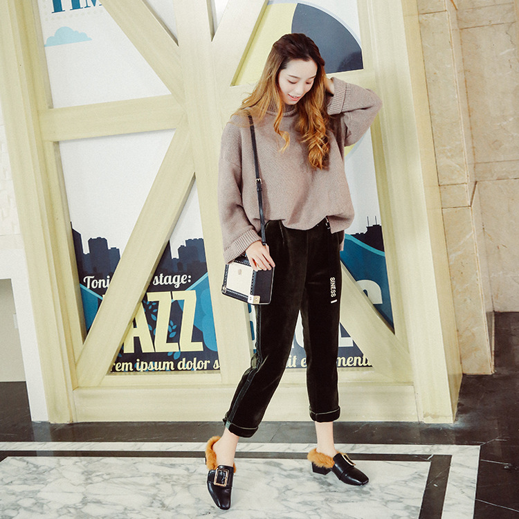 外贸中跟毛毛拖鞋女兔毛粗跟包头方扣女半拖单鞋韩版懒人半拖鞋