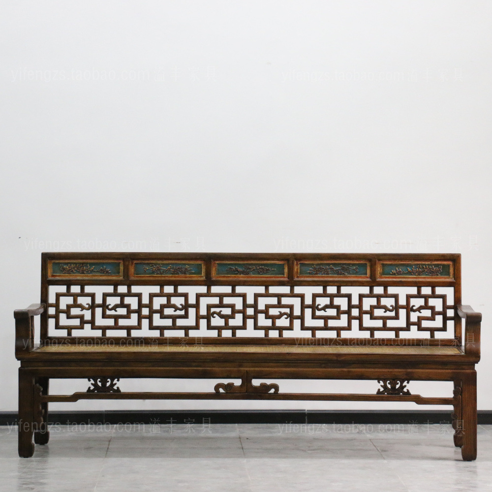 复古典沙发长椅中式实木长椅榆木三人椅做旧复古明清靠背扶手椅子