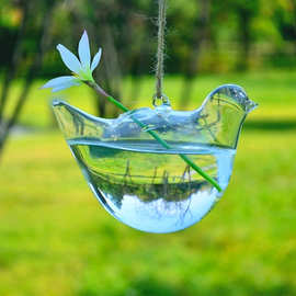 创意悬挂垂吊透明水培玻璃工艺品小鸟花瓶人工吹制插花小装饰花器