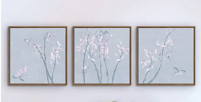 国画三联横幅九兰图调色版酒店客厅卧室床头装饰画走廊书房挂画