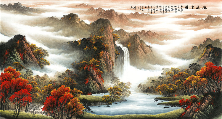 44-59 国画字画何秋泉鸿运当头山水画 装饰风景画 高仿真画芯批发