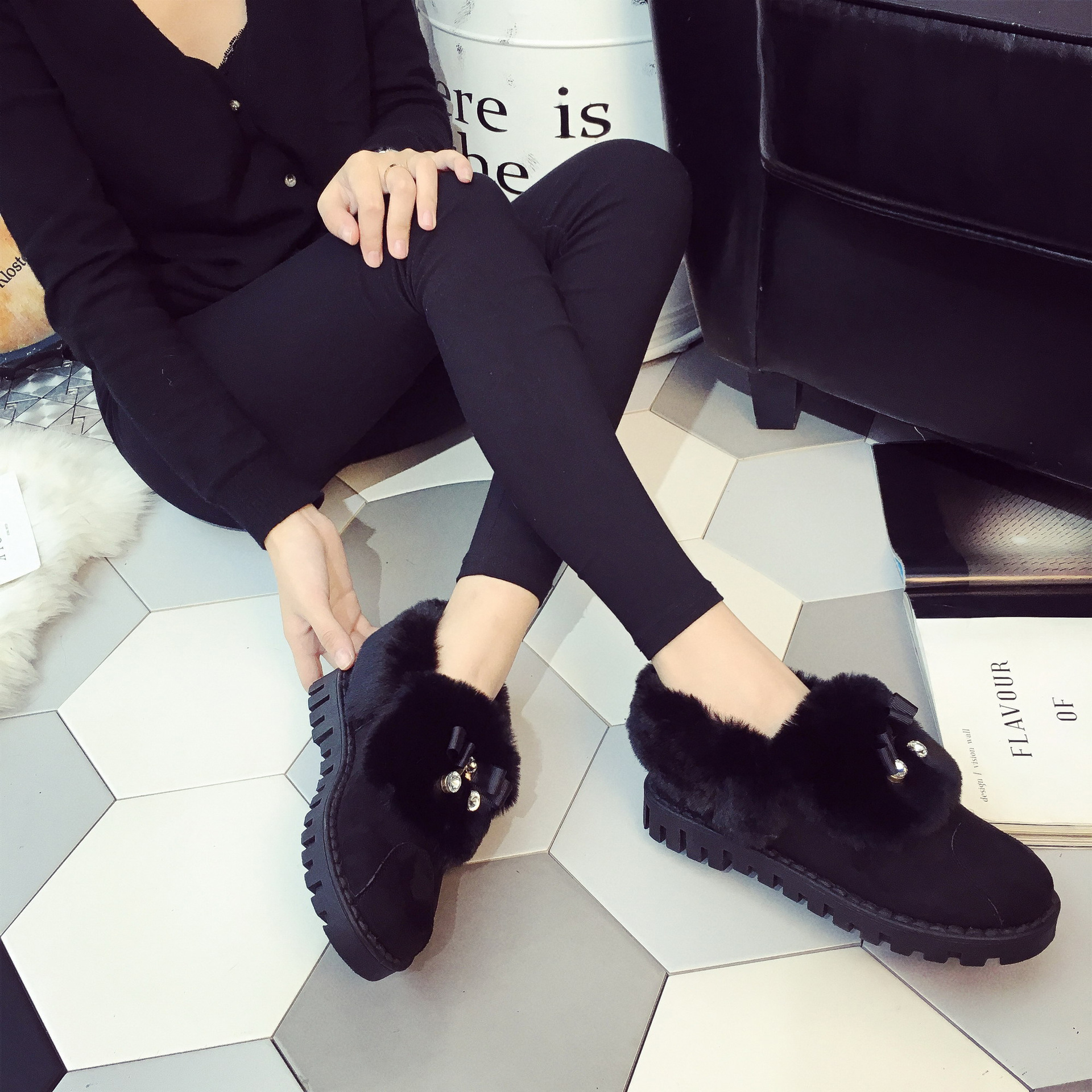 2016冬季新款加棉雪地靴冬季女豆豆鞋羊