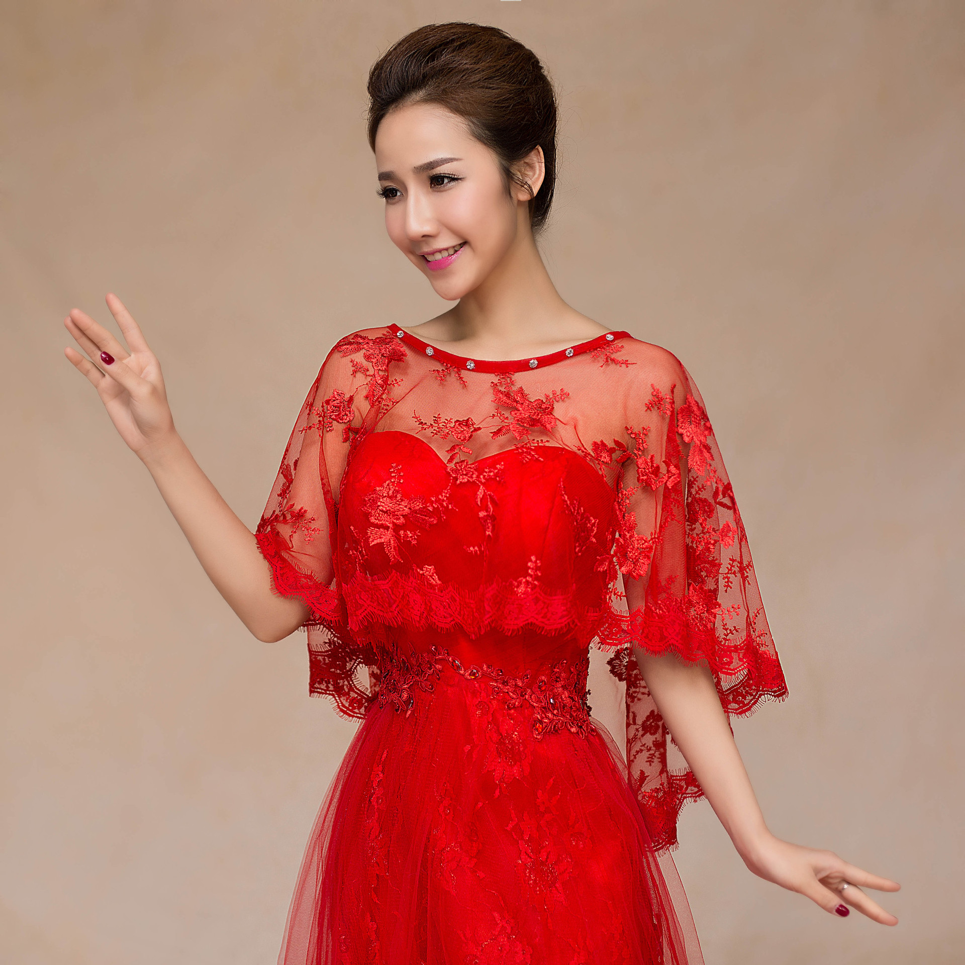 红色蕾丝纱披肩韩式婚纱配件新娘结婚披肩 支持亚马逊速卖通混批