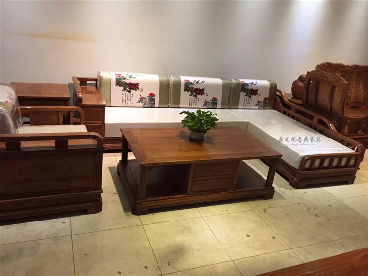 红木家具现代简约非洲花梨木转角贵妃沙发新中式实木软体正品特价