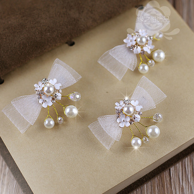 韩式新娘唯美白色珍珠网叶片发夹边夹新娘编发头饰发饰品