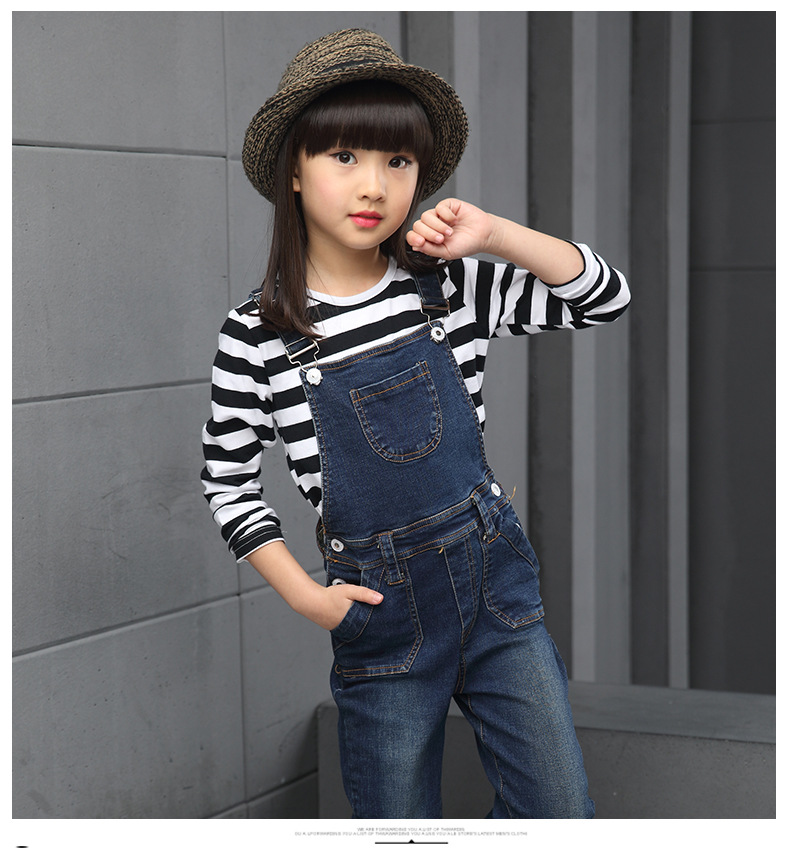 女童装牛仔背带裤 儿童秋季黑白条纹长袖t恤连体裤休闲套装小学生