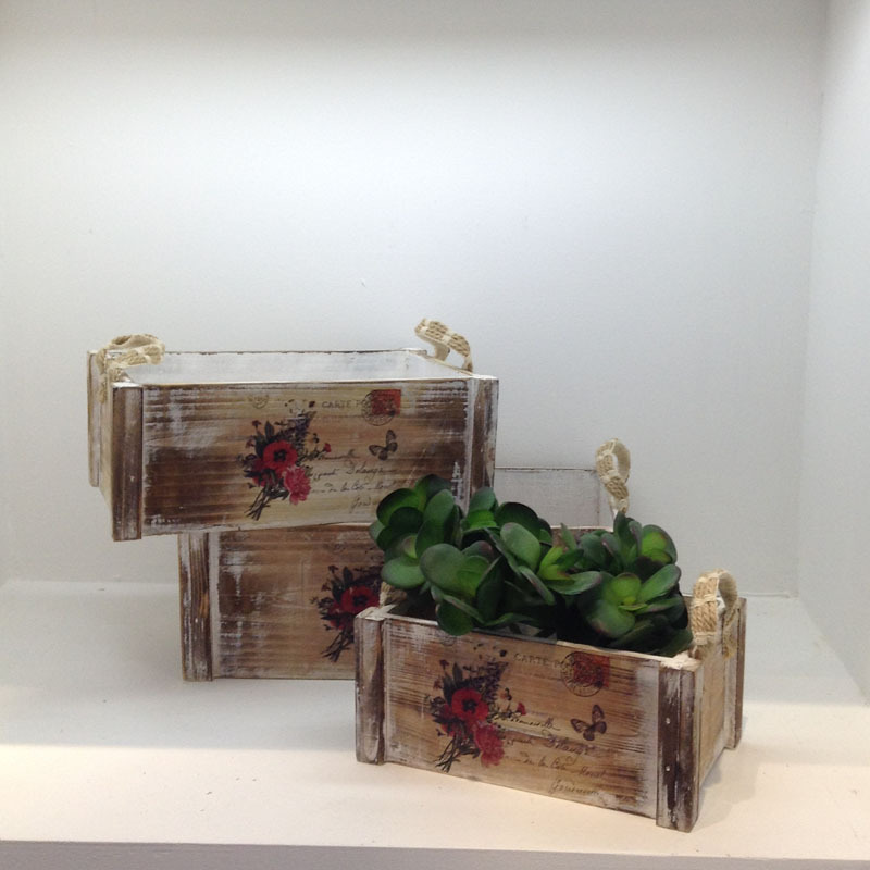 Retro Distressed Solid Wood Succulent Flower Pot with Handle Rectangular Gardening Set Three Pots Desktop Storage Wooden Box