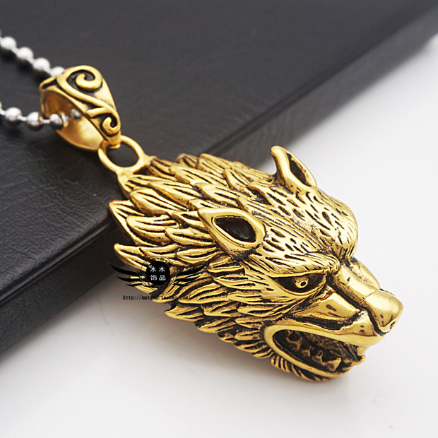 厂家直销 摇滚个性 超霸气压铸大狼头钛钢项链 狼图腾吊坠 金色