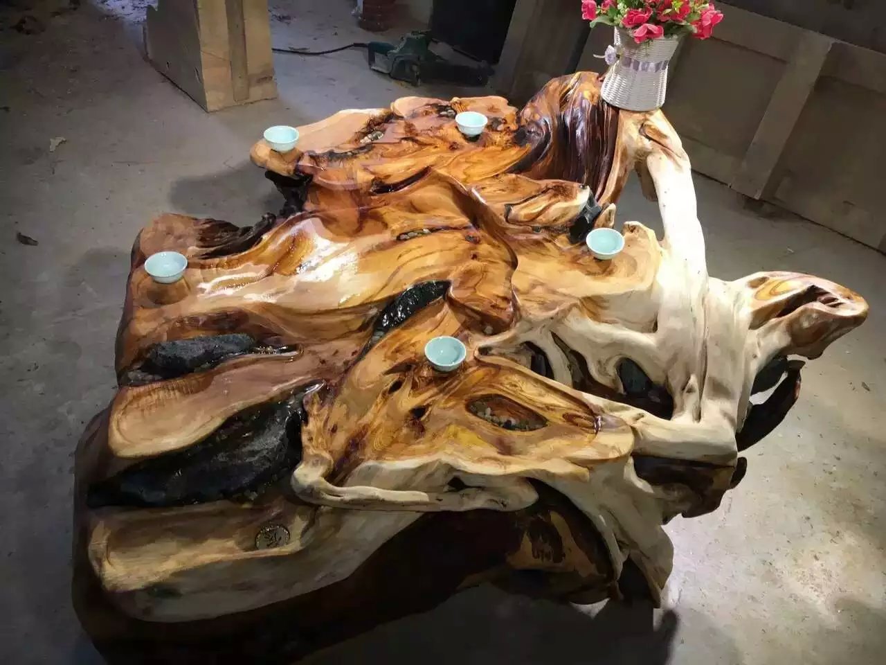 崖柏根抱石茶几 树根茶海 文玩茶馆新款太行崖柏根雕茶台批发