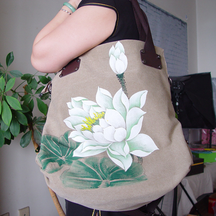 2016新款女士多用手绘荷花大容量帆布包单肩包手提包