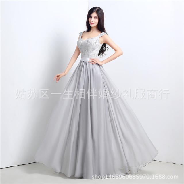 新款蓝灰色结婚敬酒服新娘拖尾晚礼服成人艺考演出蓬蓬裙一件代发