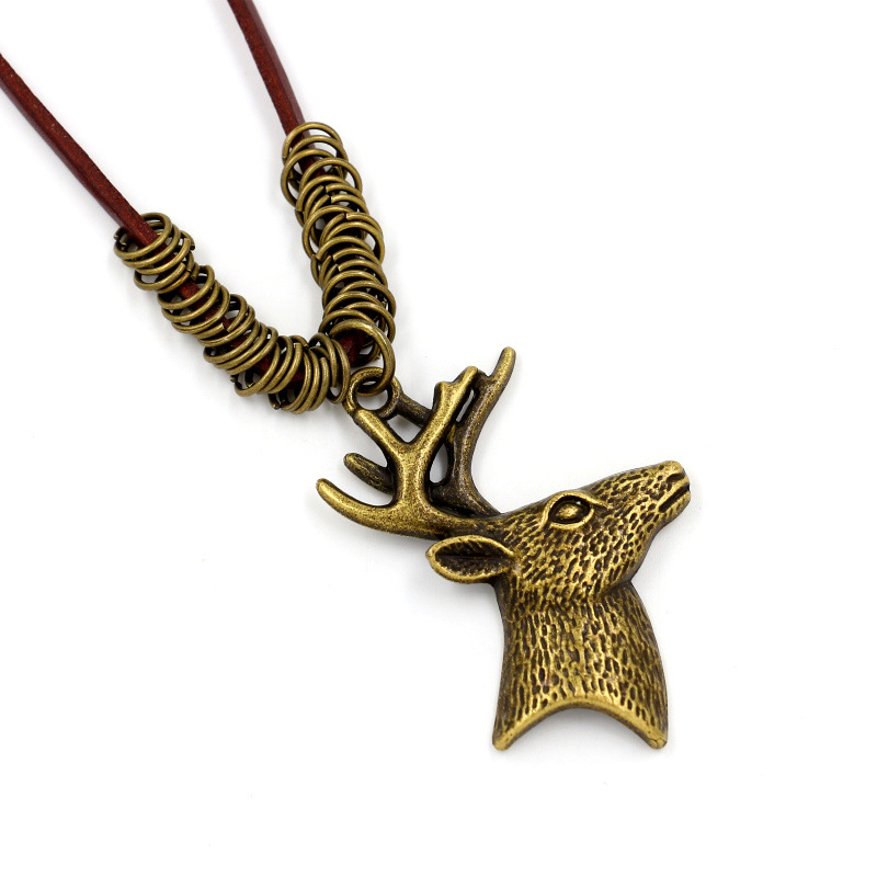 欧美圣诞礼品合金鹿头吊坠项链男士复古长款牛皮绳编织毛衣链批发