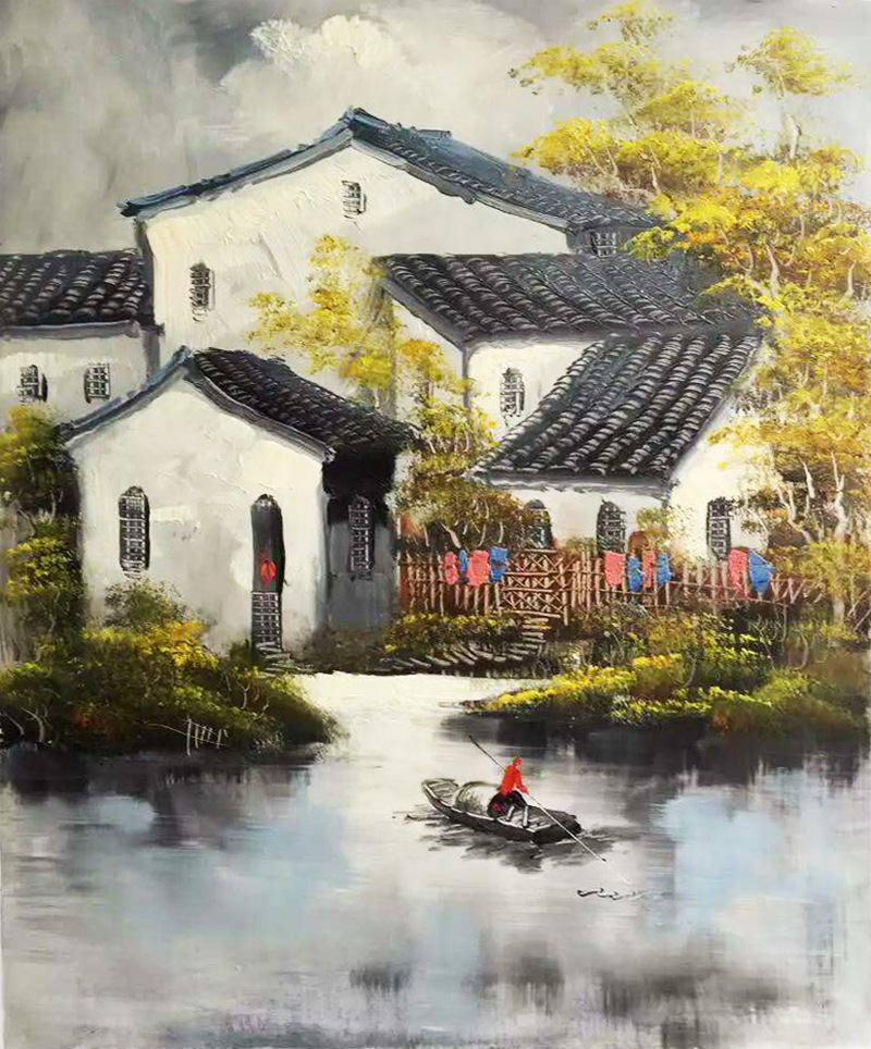纯手绘江南水乡风景油画壁画高档装饰画墙绘专业油画厂家批发直销