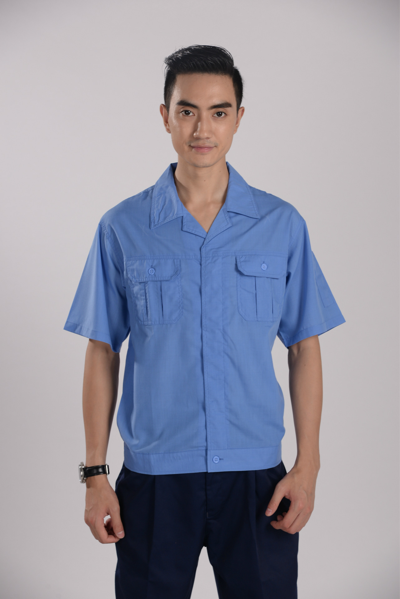 深圳车间工作服上衣男定制涤棉劳保短袖厂服夏季蓝色汽