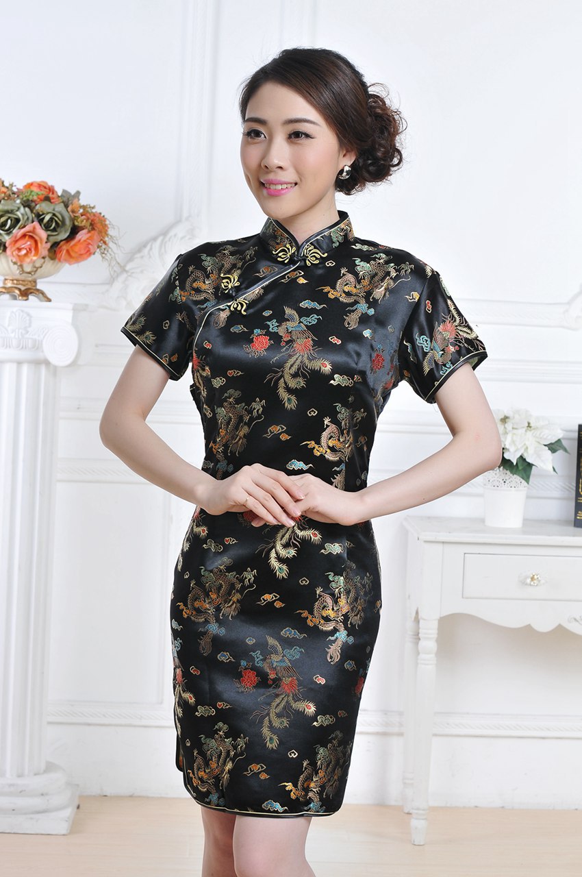 龙凤短旗袍 女士唐装夏装礼服斜襟短袖织锦缎演出服旗袍裙