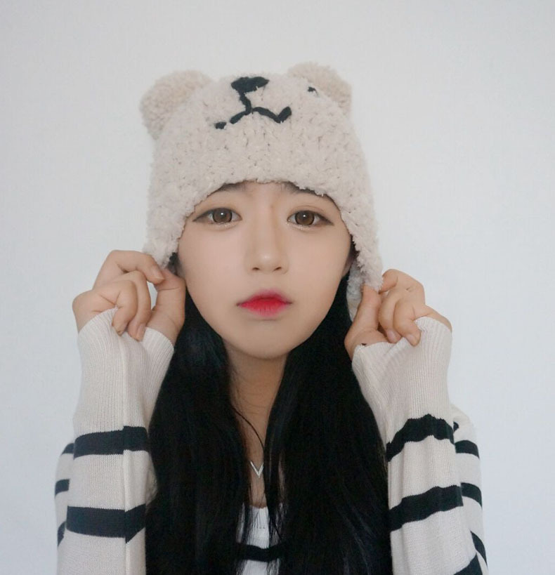 韩国秋冬天刺绣小熊毛线帽子韩版女保暖毛巾料针织套头帽子