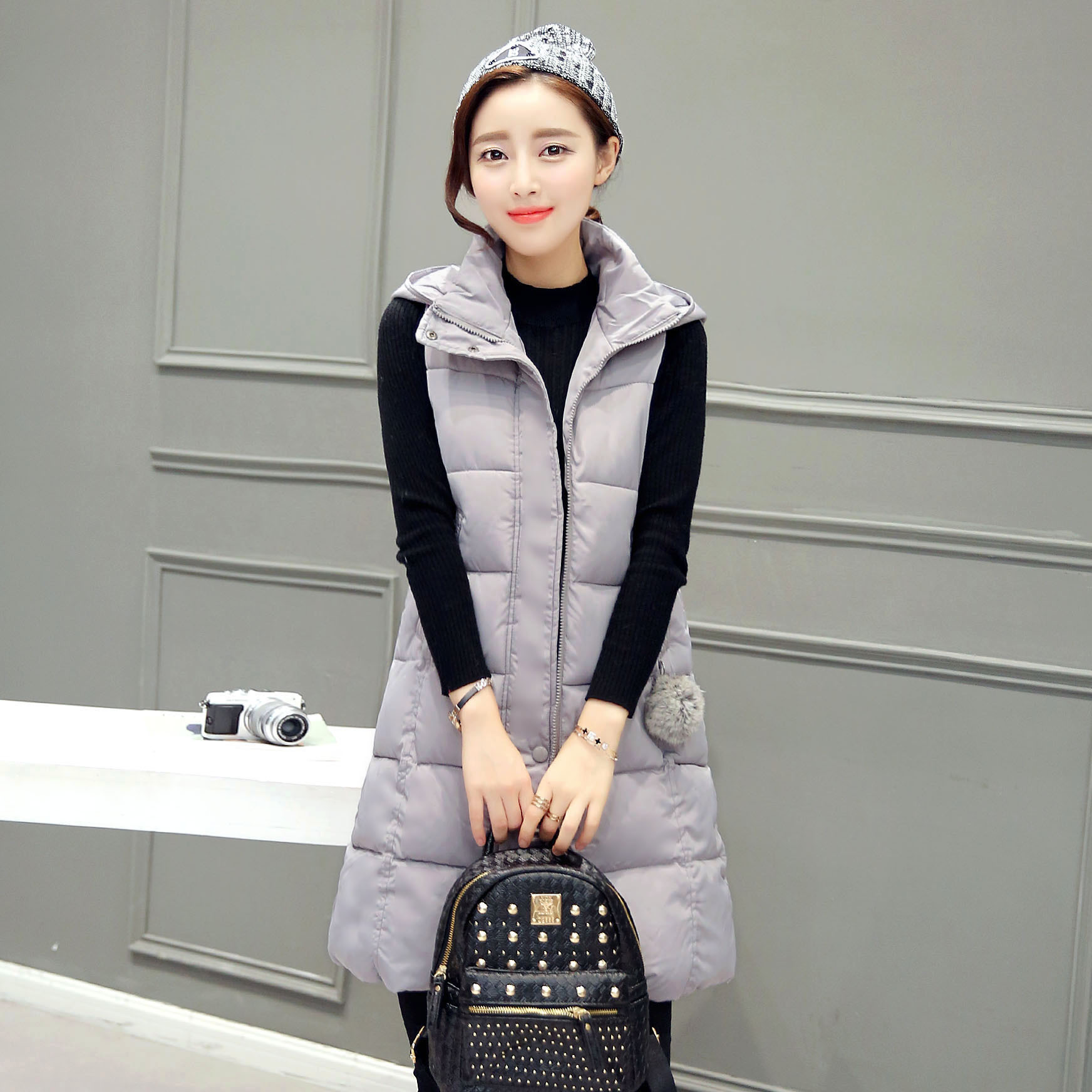 女式马甲背心 中长款无袖棉马甲背心 韩版休闲连帽马甲背心女装