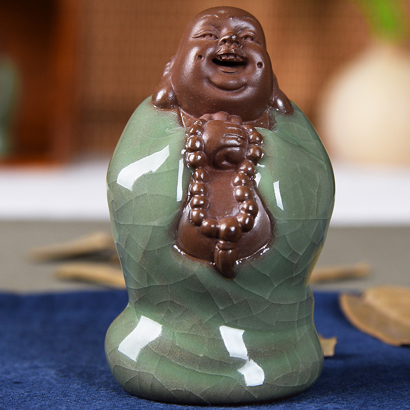 弥勒佛陶瓷冰裂开片哥窑茶宠 家居茶道可养创意精品招财仿古摆件