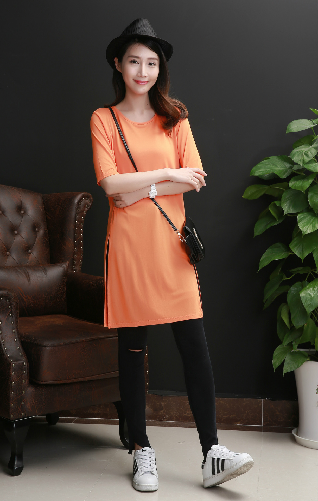 2016夏新款韩国原版圆领莫代尔轻薄个性百搭开叉中长款t恤连衣裙