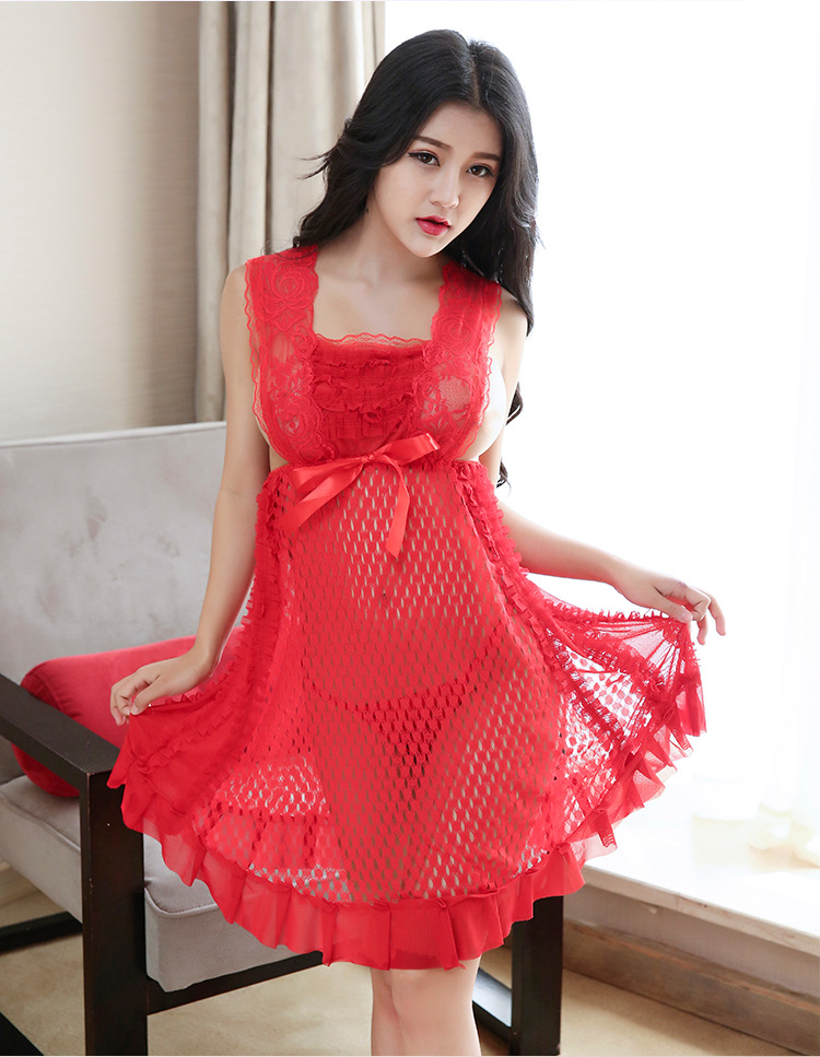 外贸出口性感情趣内衣批发女士连体蕾丝睡衣透明睡裙红色 1239