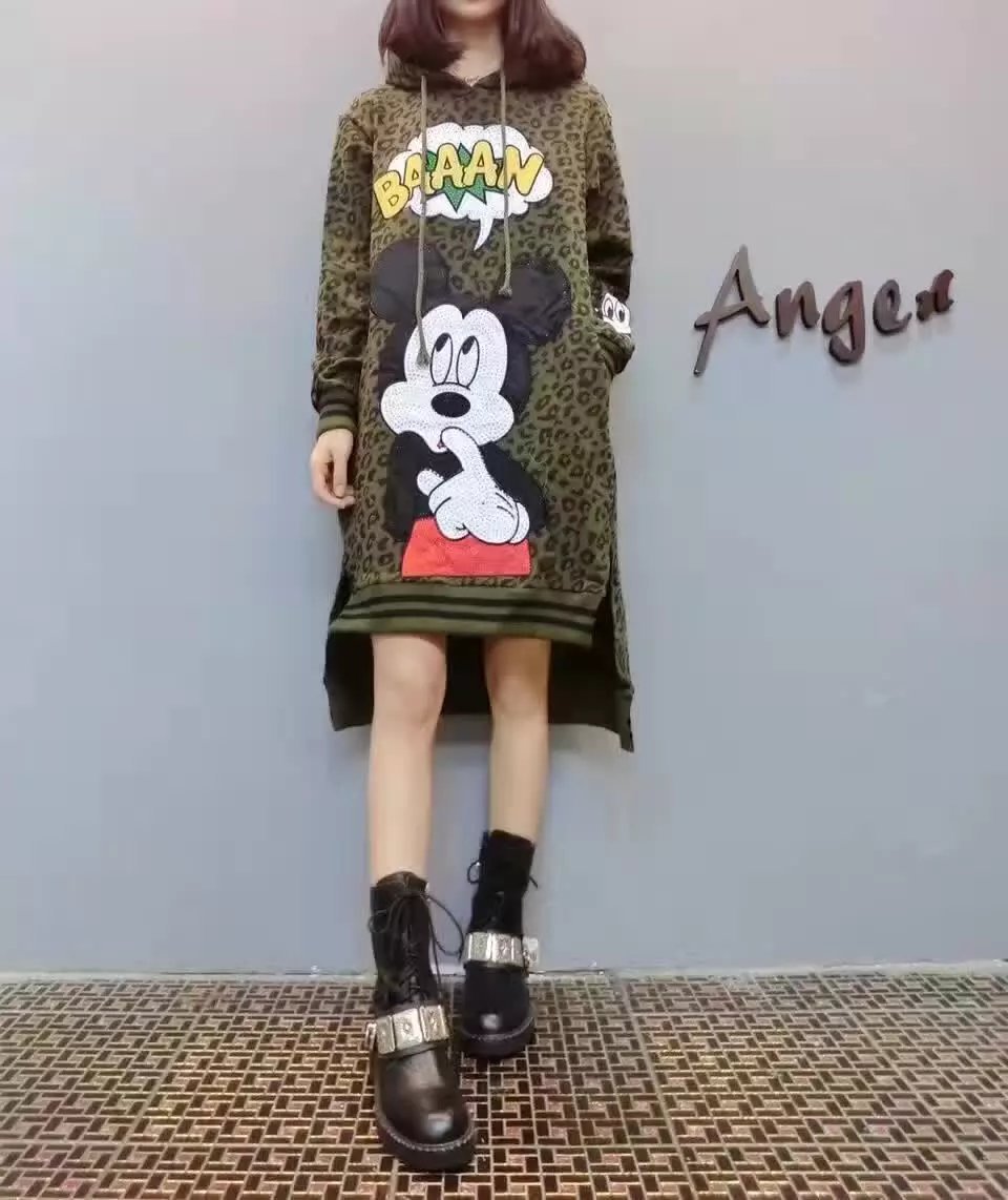 欧洲站女装欧货新品米奇卡通字母前短后长连帽宽松连衣裙女潮混批