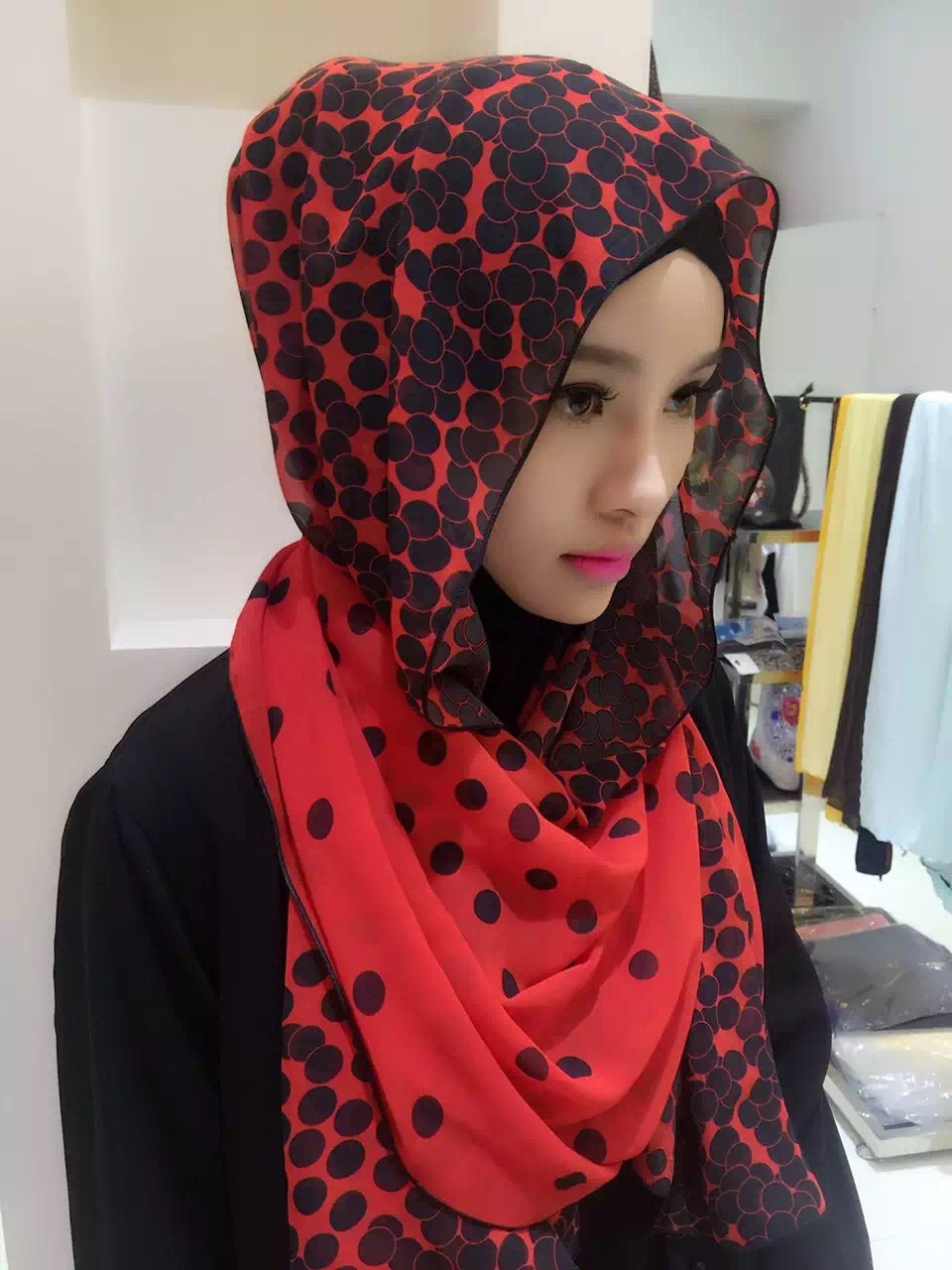 穆斯林头巾 定位波点雪纺长巾 女 夏季纱巾回族民族风盖头双色