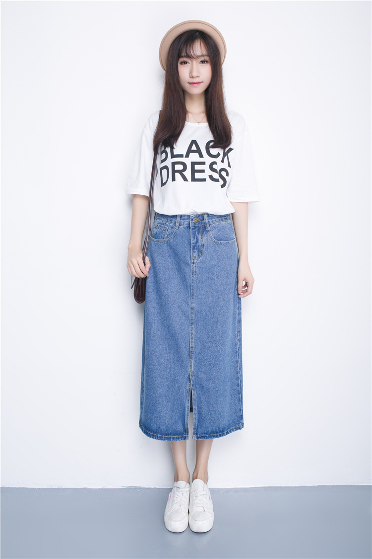 牛仔裙半身裙 2016春夏新款韩版女高腰开叉牛仔半身长裙-牛仔裤产业网