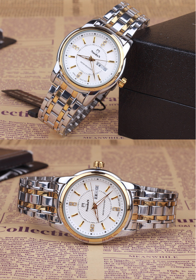 诺顿男士手表石英表防水时装女士手表双日历钢带手表男情侣手表