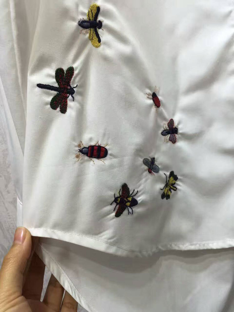 欧野欧美秋冬女装重工刺绣蜜蜂蜻蜓中长款衬衣前短后长不规则衬衫