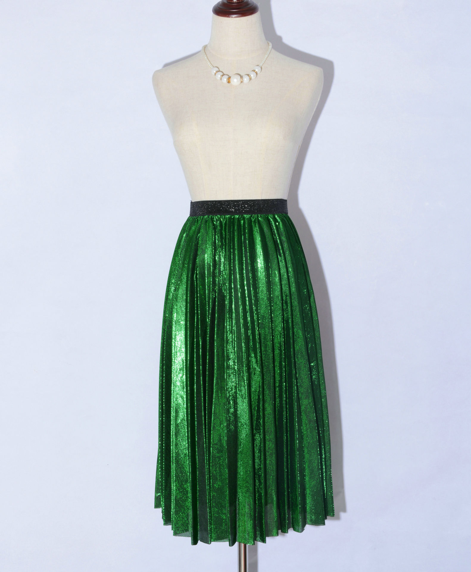 2017秋季欧美亮黄金属感亮丝百褶裙丝质中长款半身裙913