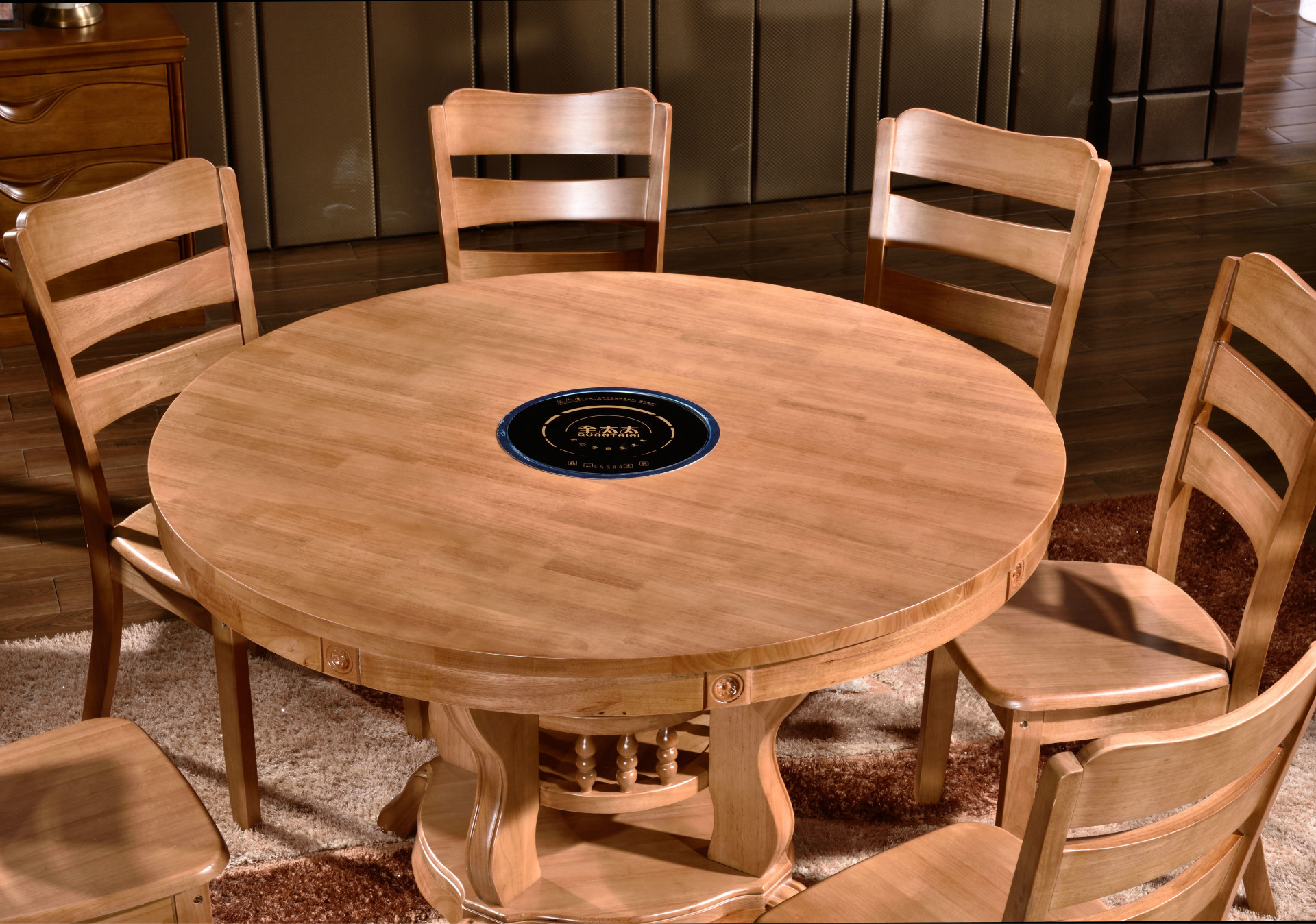 中式多功能实木火锅桌 带电磁炉圆餐桌 家用小户型简约圆桌